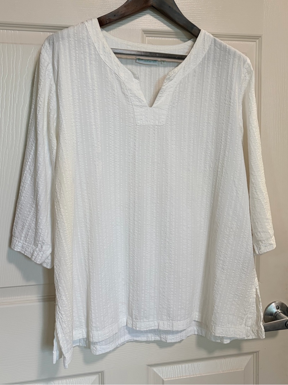 Lulu-B 100% cotton White seersucker short tunic swim cover-up XL semi-sheer